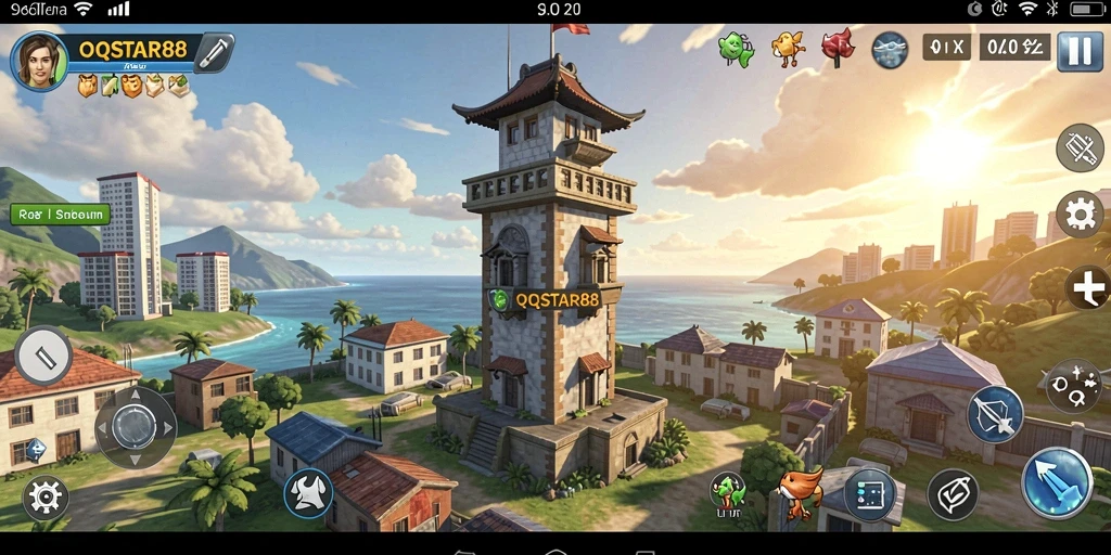 Screenshot gameplay QQSTAR88 menunjukkan menara yang kuat melindungi basis.