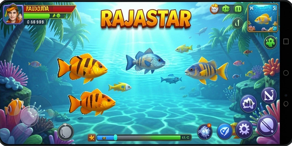 Screenshot gameplay RAJASTAR dengan efek Tembak Ikan yang mendebarkan.