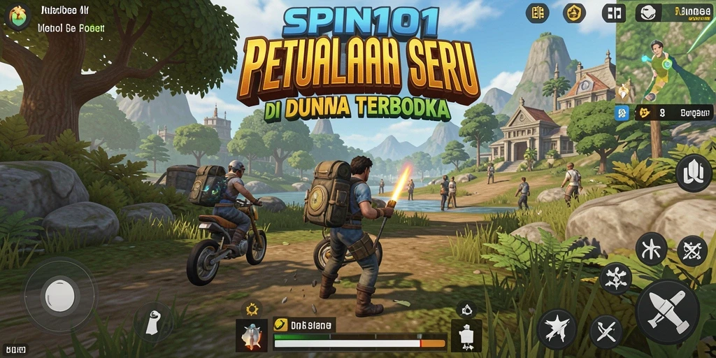 Tangkapan layar gameplay <strong>SPIN101</strong> menunjukkan dunia terbuka yang luas dan penuh eksplorasi.