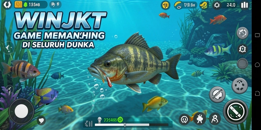 Tampilan gameplay WINJKT saat memancing di danau yang indah.